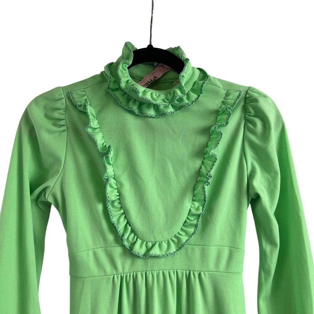 Vintage Prairie Green Ruffle 70s/ 80s Bridesmaid Maxi Dress Cottagecore Size XS - Picture 4 of 12